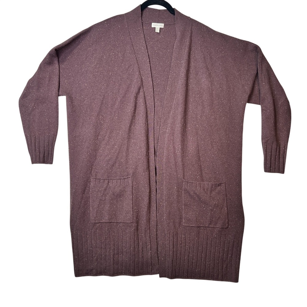 Garnet Hill Cashmere Open Front Cardigan Sweater Burgundy Plum Large Speckled